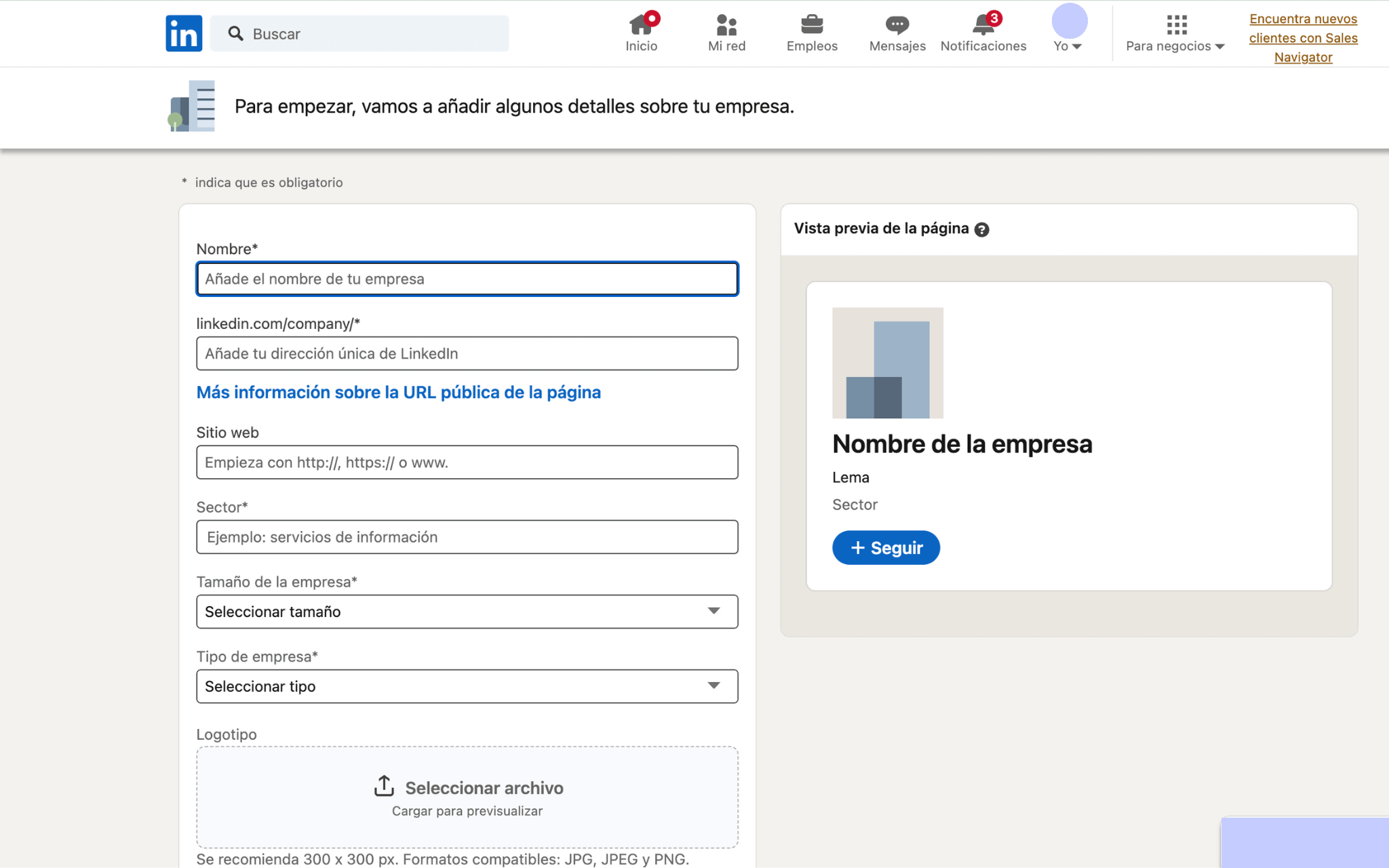 completar los datos de la página de LinkedIn