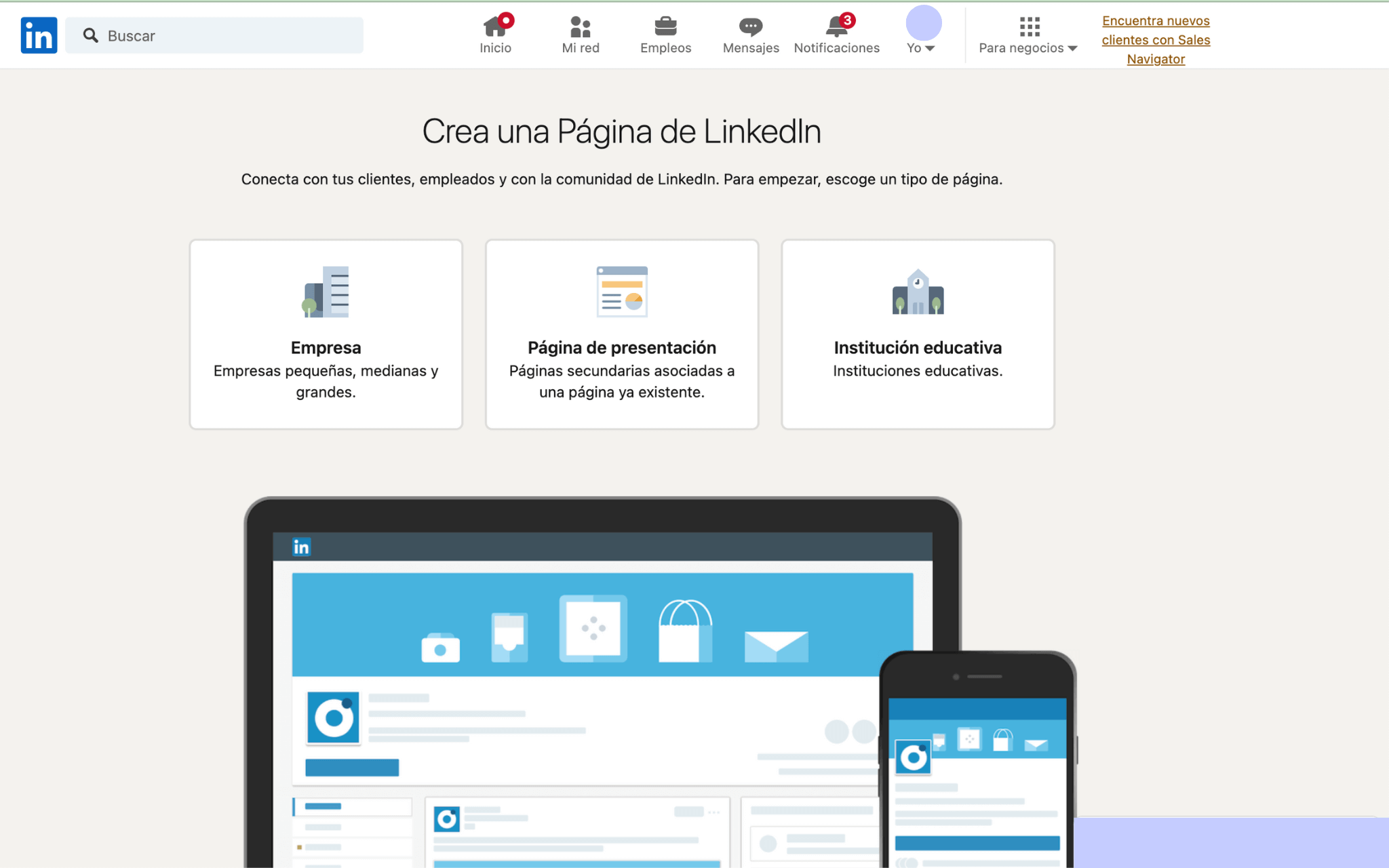 seleccionar el tipo de página en LinkedIn
